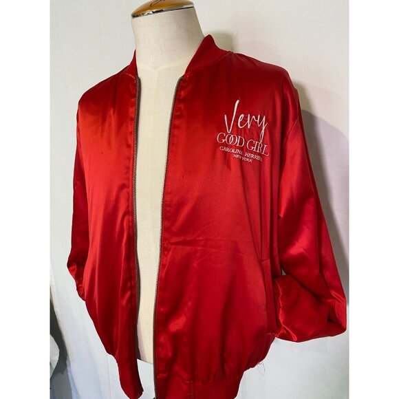 Carolina Herrera Good Gild Custom Red Polyester Bomber Jacket Zip Pockets Sz M/L - Picture 15 of 16